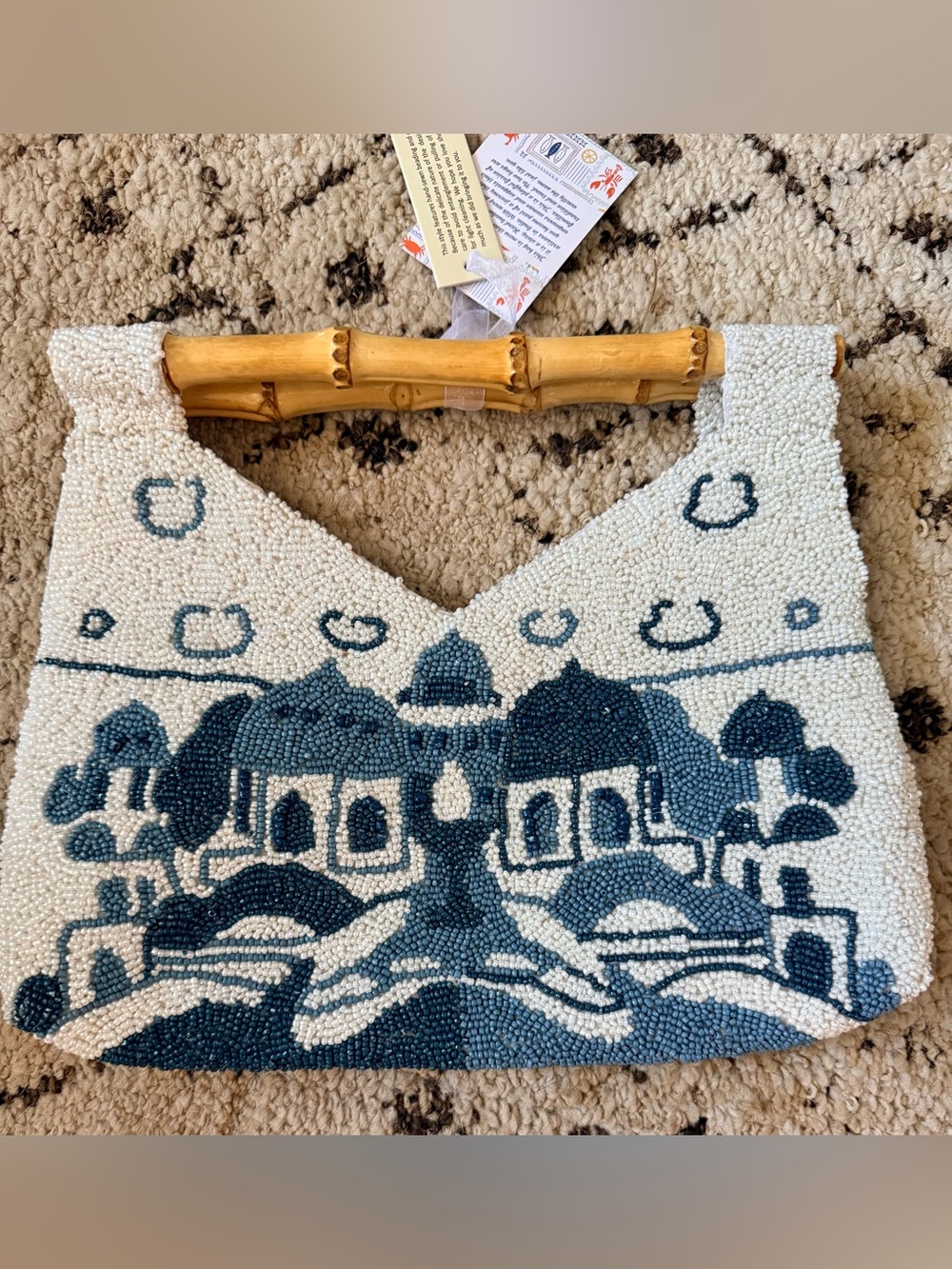 NWT SANTORINI BEADED CLUTCH WITH BAMBOO HANDLE, CREAM & BLUE